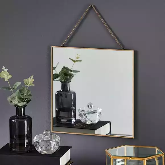 Dunelm Hanging Chain Square Wall Mirror, Gold 28x38cm
