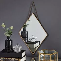 Dunelm Hanging Chain Diamond Wall Mirror, Gold 27cm