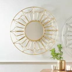 Pacific Lifestyle Metal Cane Effect Round Wall Mirror, Gold 100cm